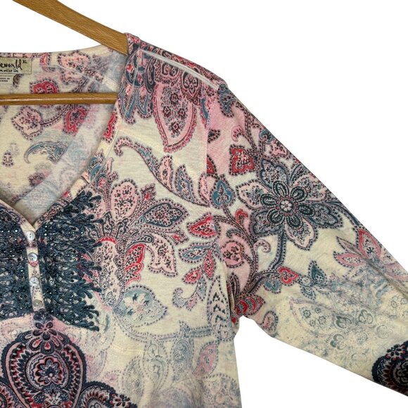 One World Paisley Print Tunic Top Sz XL Beaded 3/4 Sleeves Asymmetrical Hem - Picture 5 of 11